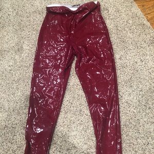 Dark Red Synthetic Leather Leggings